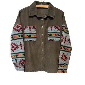 C+D+M Corduroy Button Down Shirt Women L Olive Southwestern Tribal Shacket A37